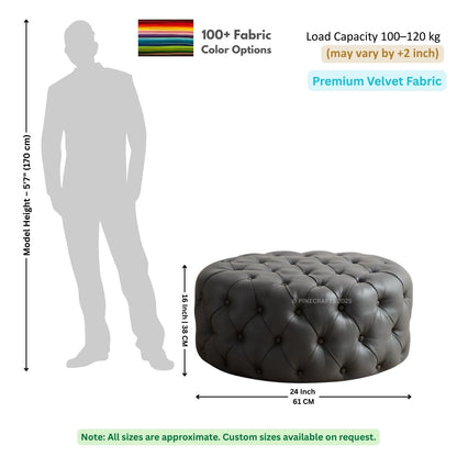 Gray tufted ottoman with dimensions and fabric information on a white background
