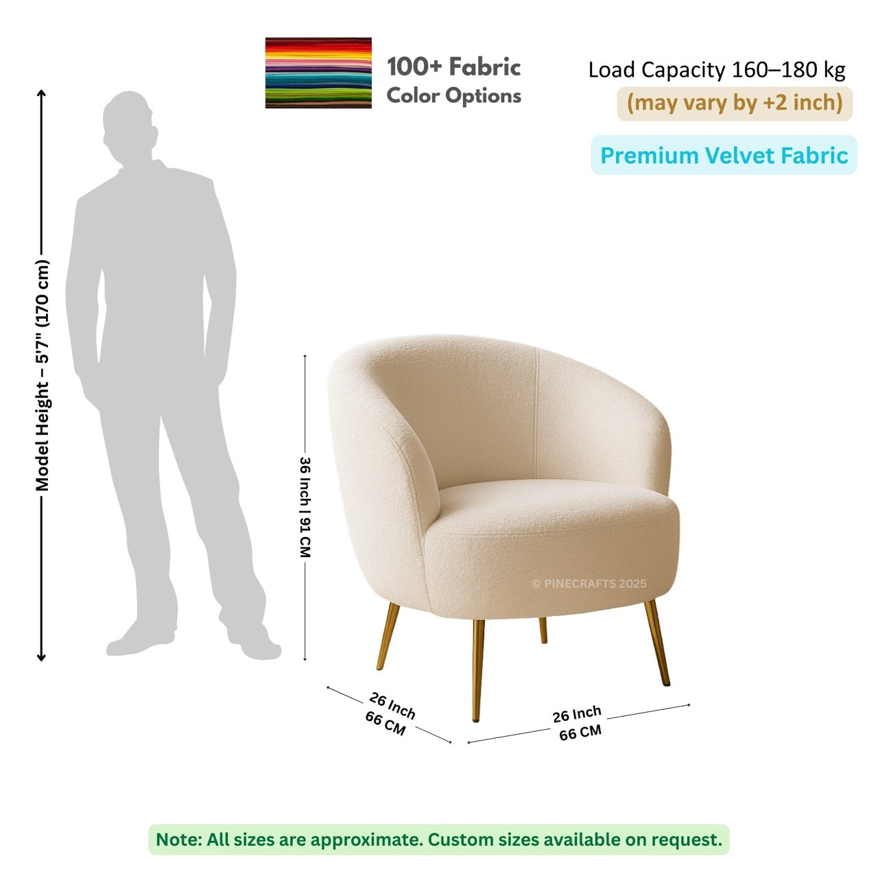 Beige armchair with dimensions and fabric information on a white background