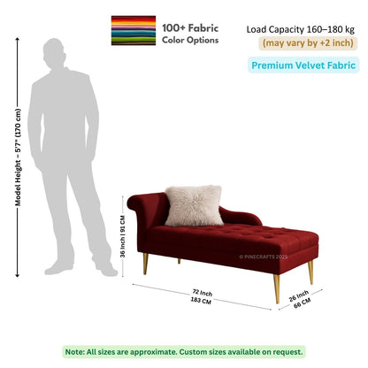 Red chaise lounge with dimensions and fabric information on a white background