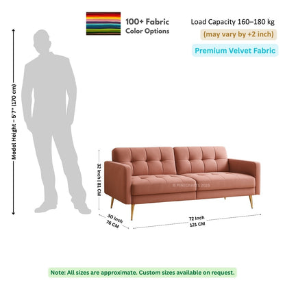 Dimensions of a pink sofa with a human figure for scale, showing fabric color options and load capacity.