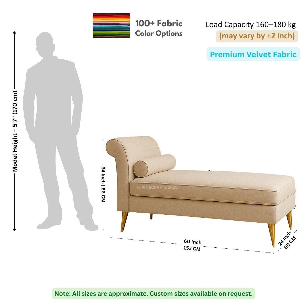 Beige chaise lounge with dimensions and fabric information on a white background