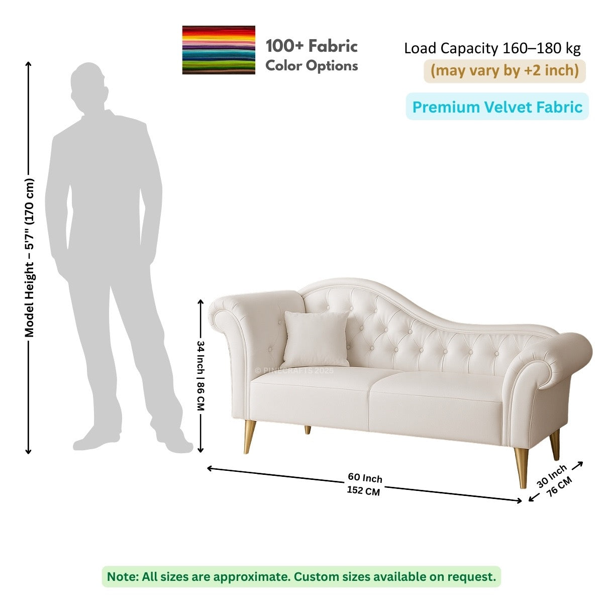 White sofa with dimensions and fabric information on a white background