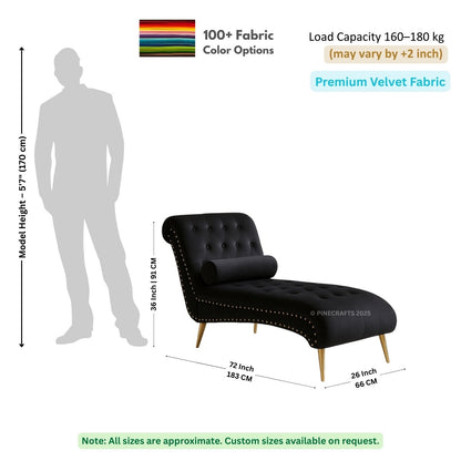 Black chaise lounge with dimensions and fabric information on a white background