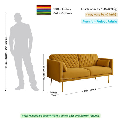 Yellow sofa with dimensions and fabric information on a white background
