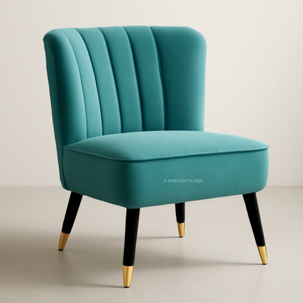 Teal chair with black legs and gold feet on a light background