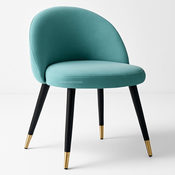 Teal chair with black legs and gold foot caps on a white background