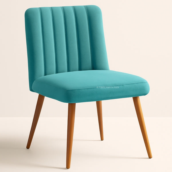 Teal chair with wooden legs on a beige background