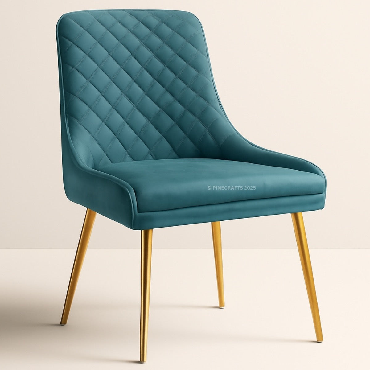 Teal chair with gold legs on a beige background