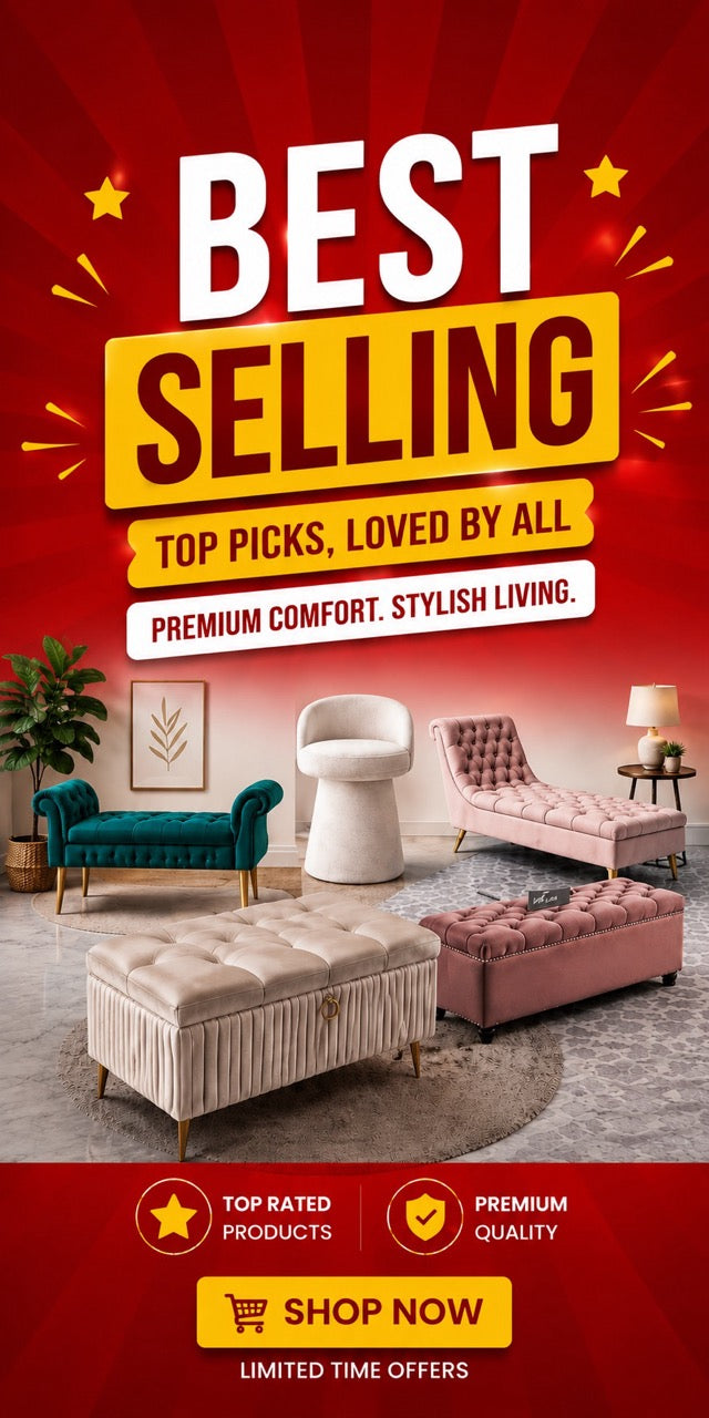 Luxury furniture best selling banner featuring velvet bench, chaise lounge, accent chair and storage ottoman with premium comfort and stylish living theme.