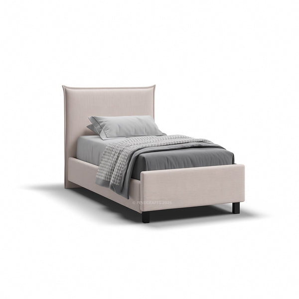 Beige upholstered bed with gray bedding on a white background