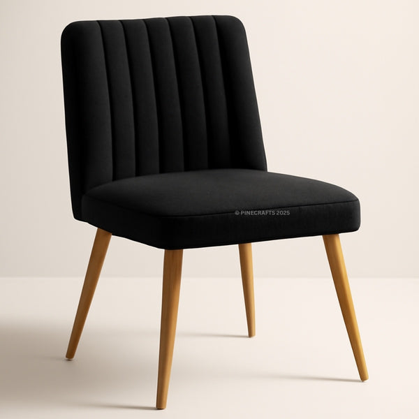 Black upholstered chair with wooden legs on a beige background