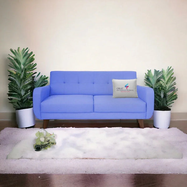 Modern blue sofa with CRUZ INTERNATIONAL pillow, flanked by potted plants, on white rug