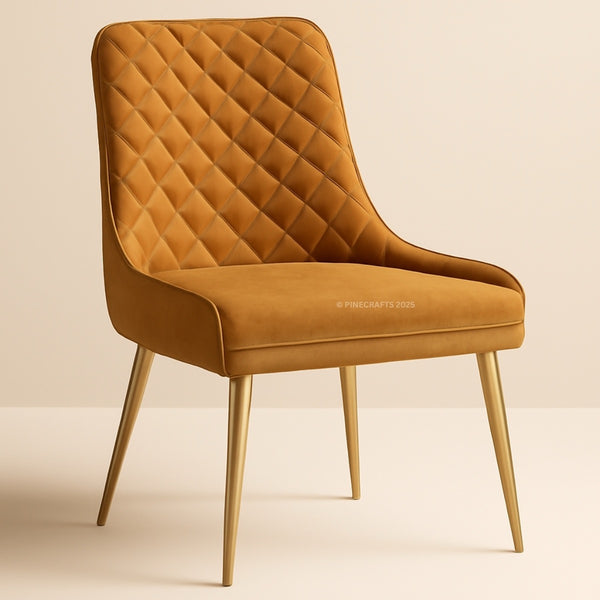 Brown quilted chair with gold legs on a beige background