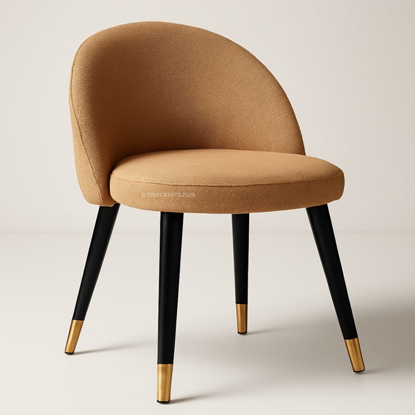 Brown chair with black legs and gold foot caps on a light background