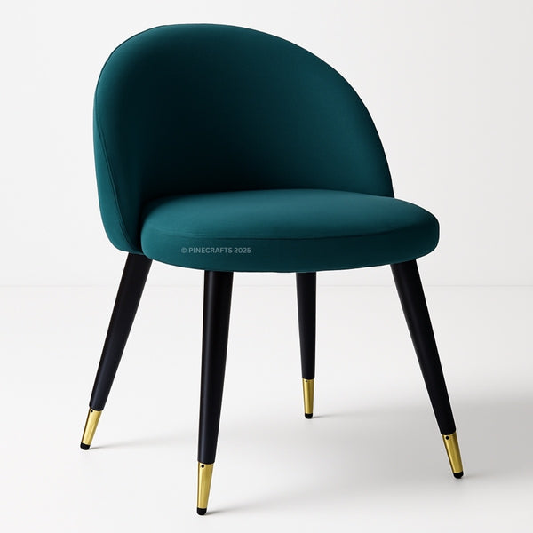 Teal chair with black legs and gold tips on a white background