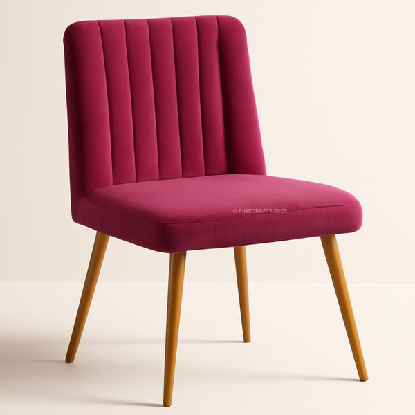 Pink chair with wooden legs on a beige background