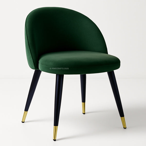 Green chair with black legs and gold foot caps on a white background