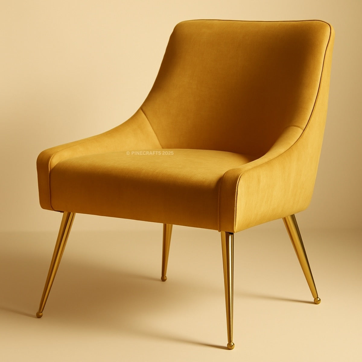 Mustard yellow chair with gold legs on a beige background