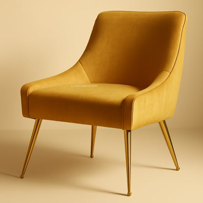 Mustard yellow chair with gold legs on a beige background