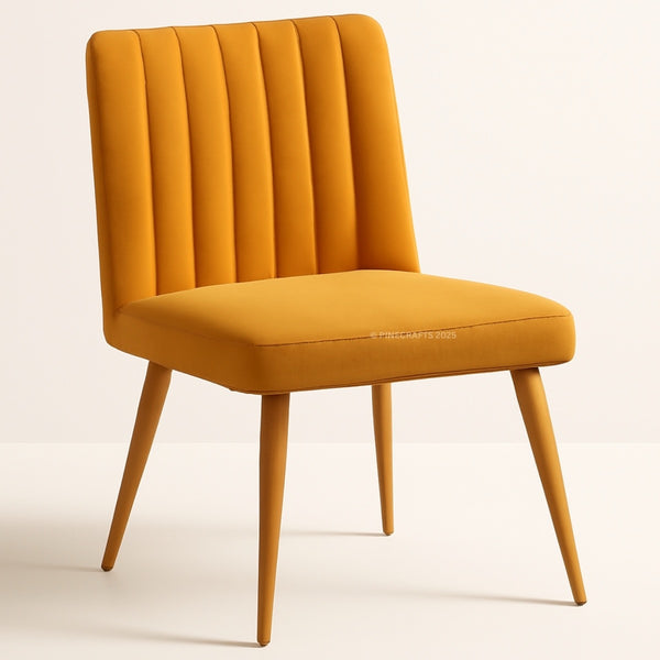 Mustard yellow chair with wooden legs on a light beige background
