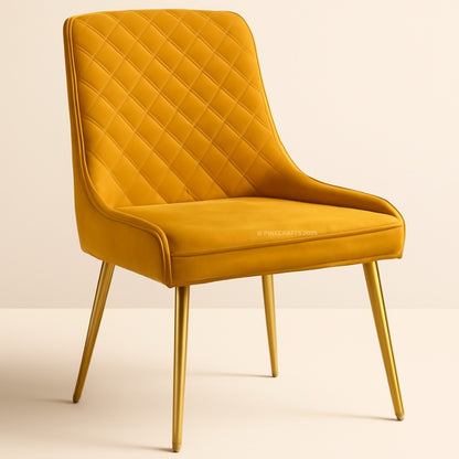 Yellow quilted chair with gold legs on a beige background