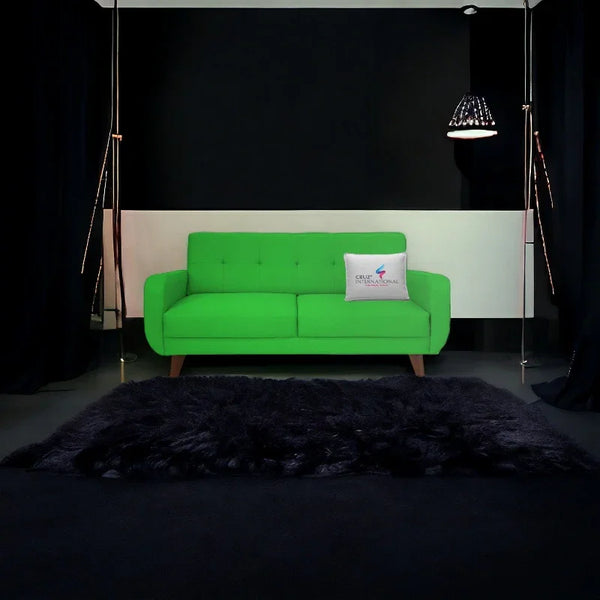 Modern green sofa with CRUZ INTERNATIONAL pillow in stylish living room, black rug, and dark curtains