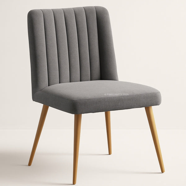 Gray upholstered chair with wooden legs on a light background