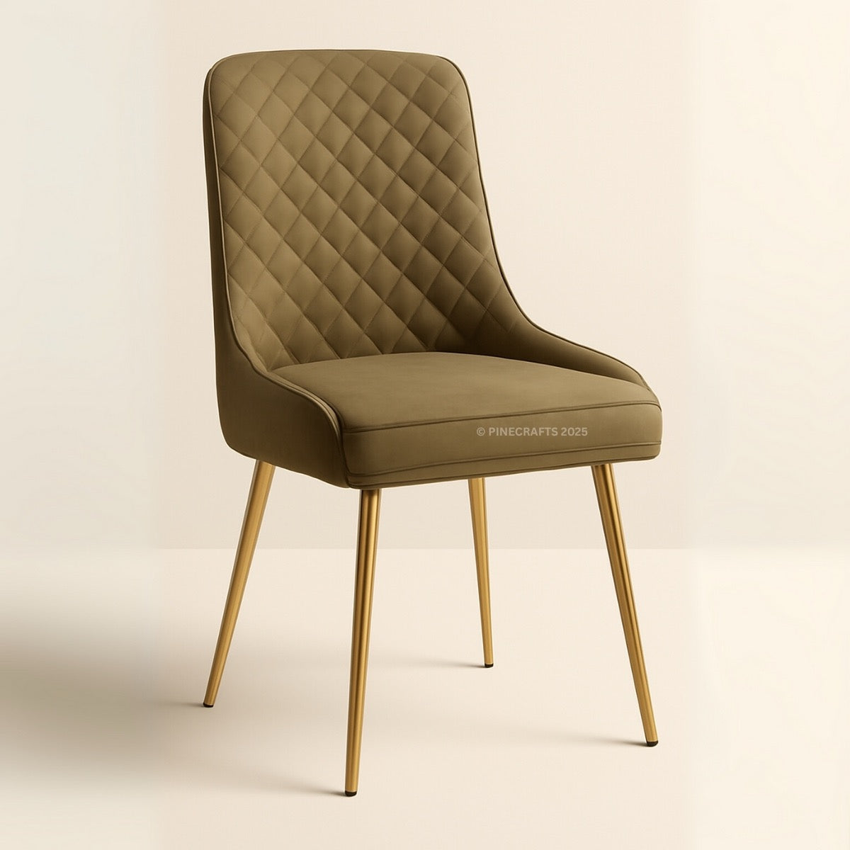Green quilted chair with gold legs on a beige background