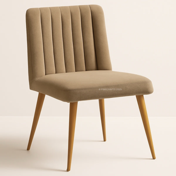 Beige upholstered chair with wooden legs on a beige background