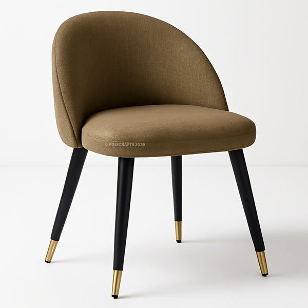 Brown chair with black legs and gold foot caps on a white background