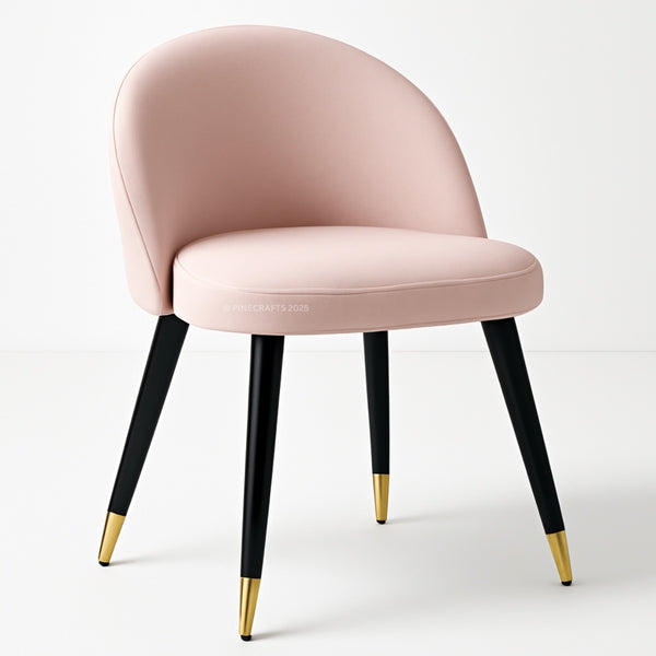 Pink chair with black legs and gold foot caps on a white background