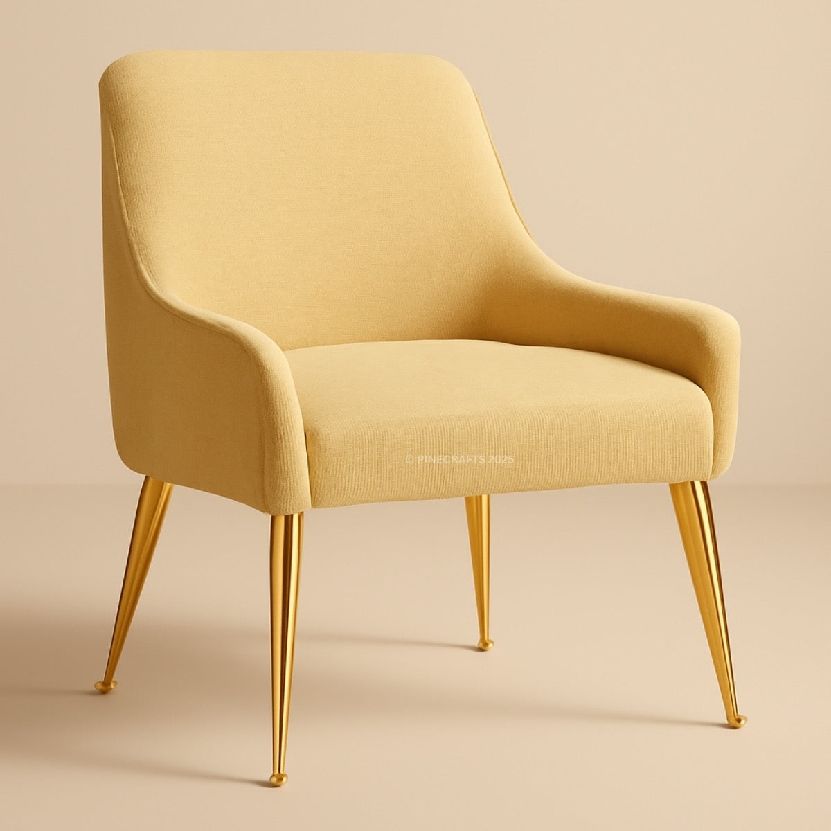 Yellow armchair with gold legs on a beige background