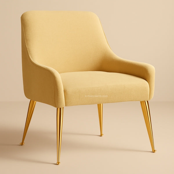 Yellow armchair with gold legs on a beige background