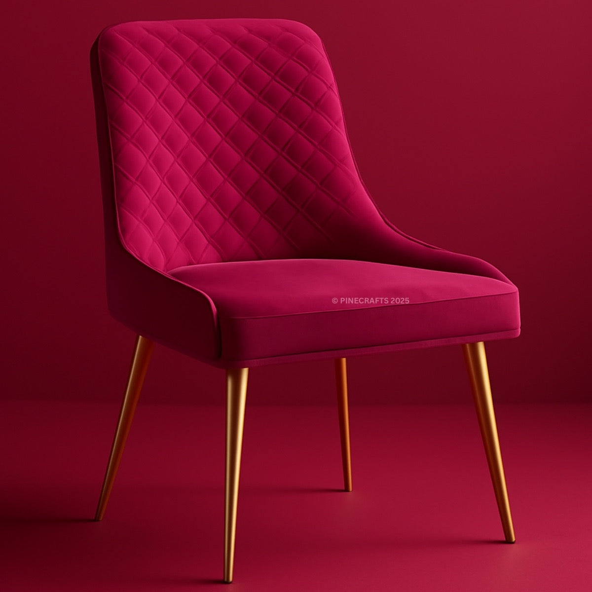 Pink quilted chair with gold legs on a red background