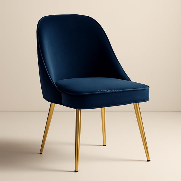 Blue chair with gold legs on a beige background