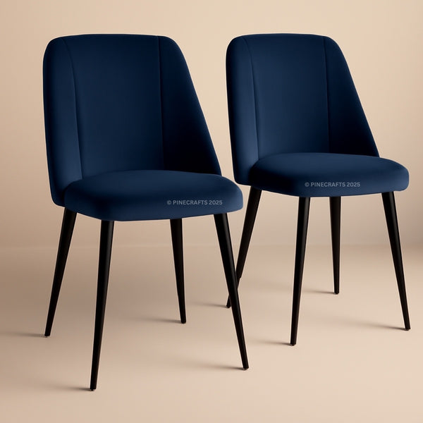 Two blue chairs with black legs on a beige background