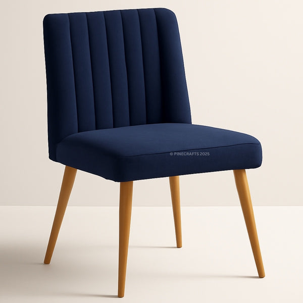 Navy blue chair with wooden legs on a beige background