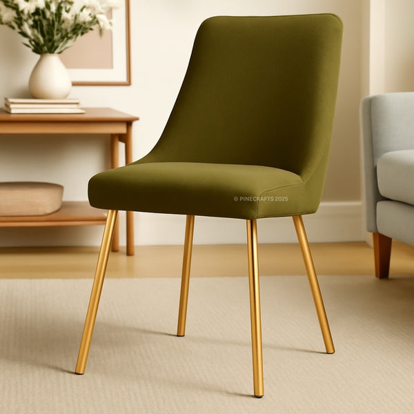 Green chair with gold legs in a room setting
