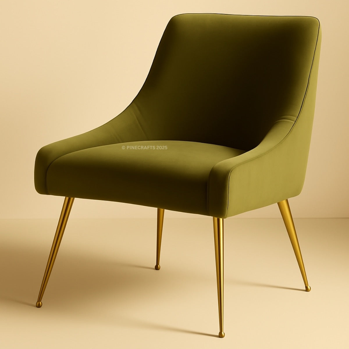 Green chair with gold legs on a beige background