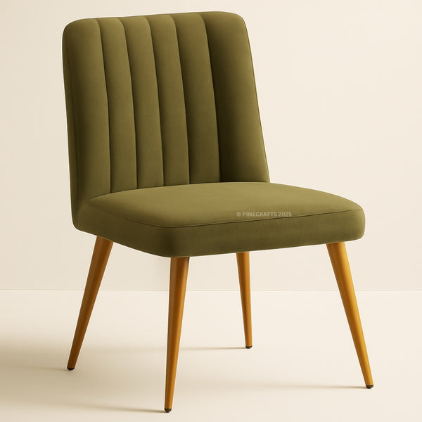 Green upholstered chair with wooden legs on a beige background