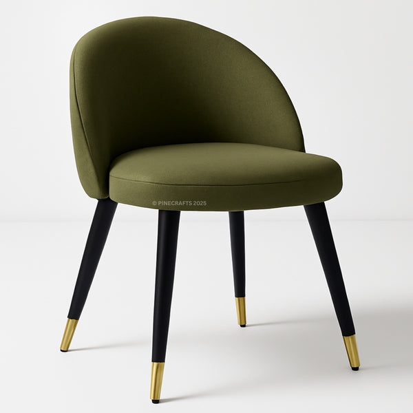 Green chair with black legs and gold foot caps on a white background