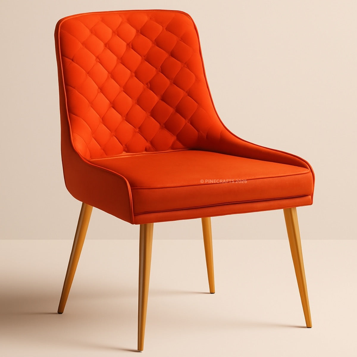 Orange quilted chair with wooden legs on a beige background