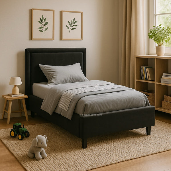 Children's bedroom with a black bed, toys, and a bookshelf.