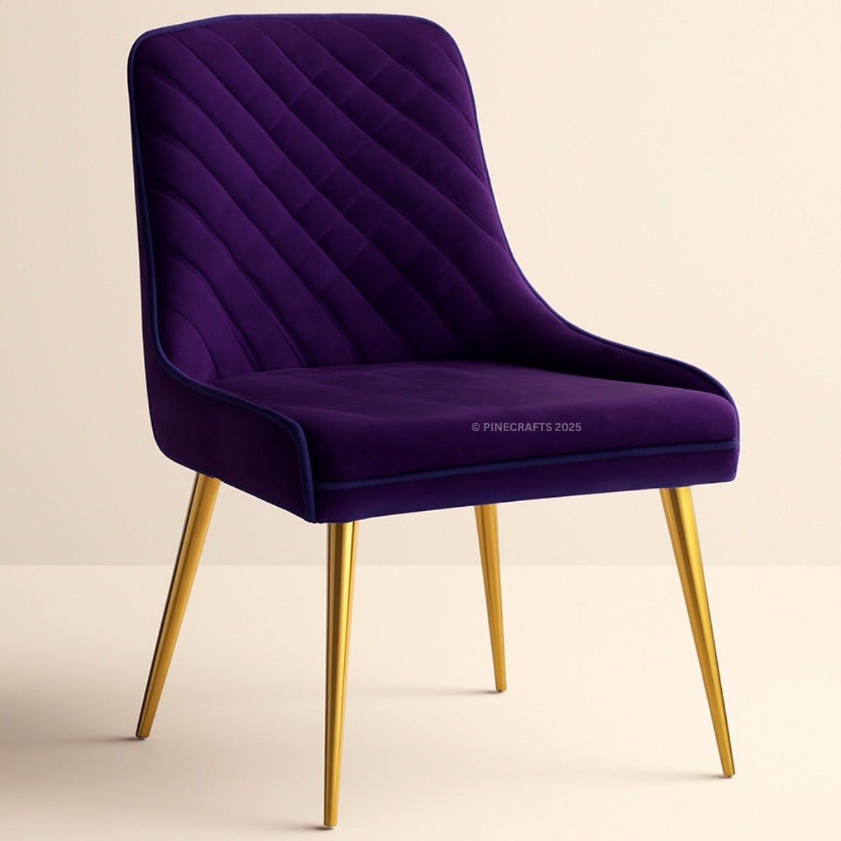 Purple upholstered chair with gold legs on a beige background