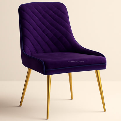 Purple upholstered chair with gold legs on a beige background