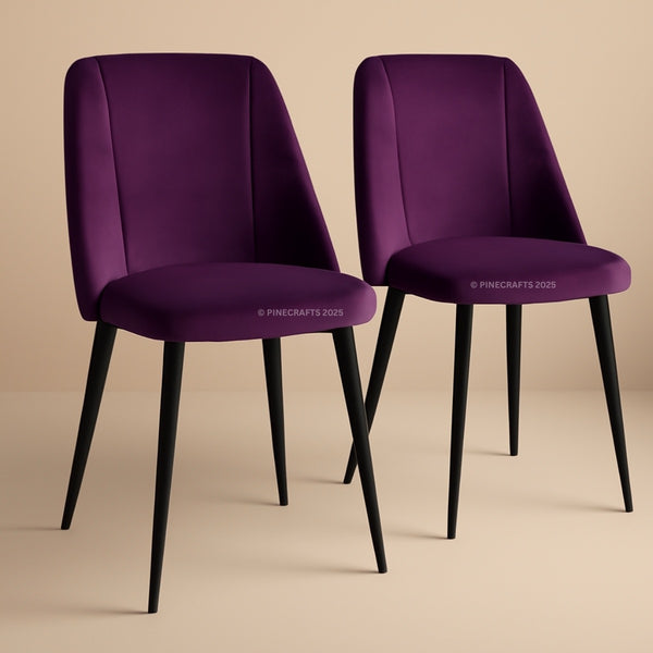 Two purple chairs with black legs on a beige background