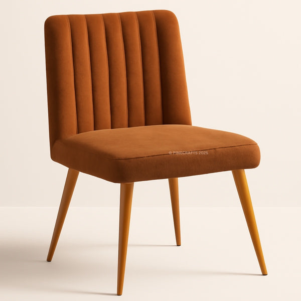 Brown upholstered chair with wooden legs on a beige background