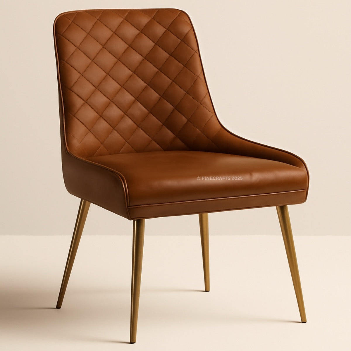 Brown quilted chair with gold legs on a beige background