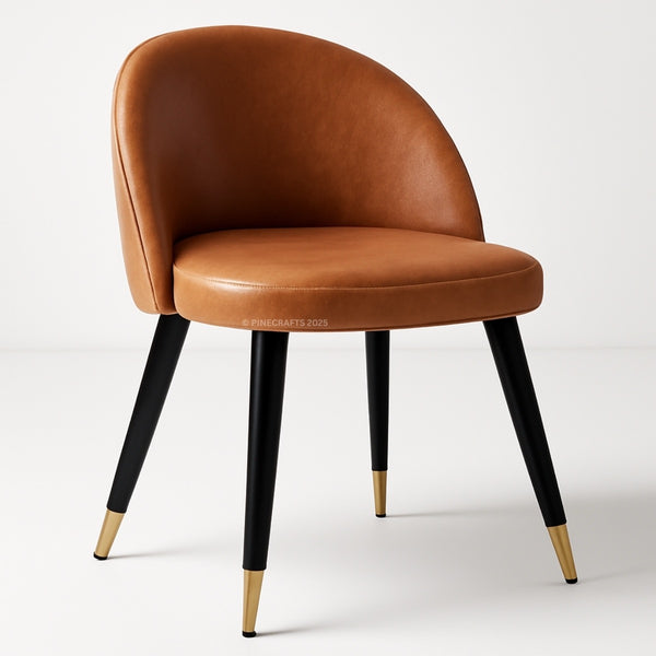 Brown leather chair with black legs and gold feet on a white background