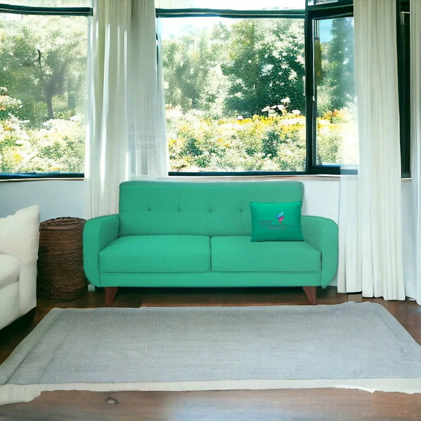 Sea green modern sofa with cushion in bright living room, CRUZ INTERNATIONAL furniture.